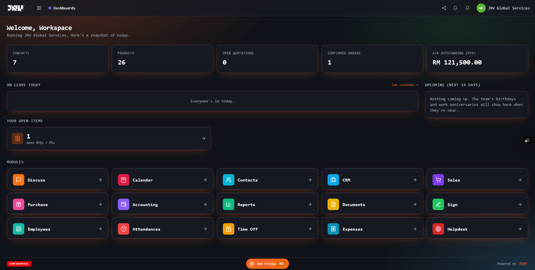 JRV ERP system dashboard with accounting and CRM modules